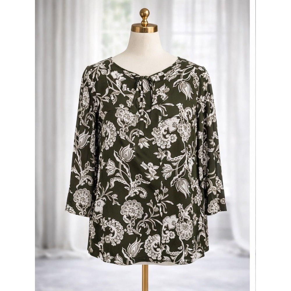 Chicos Popover Tunic Top Olive Green Floral Lightweight Stretch Size 1 Medium